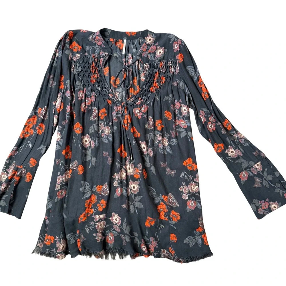 Free People So Fine Pebble Crepe Floral Flowy Tunic Top S BOHO Romantic Indie